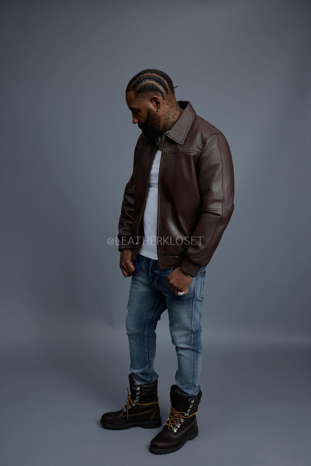 Men's Classic Baseball Leather Jacket With Collar [Chocolate]