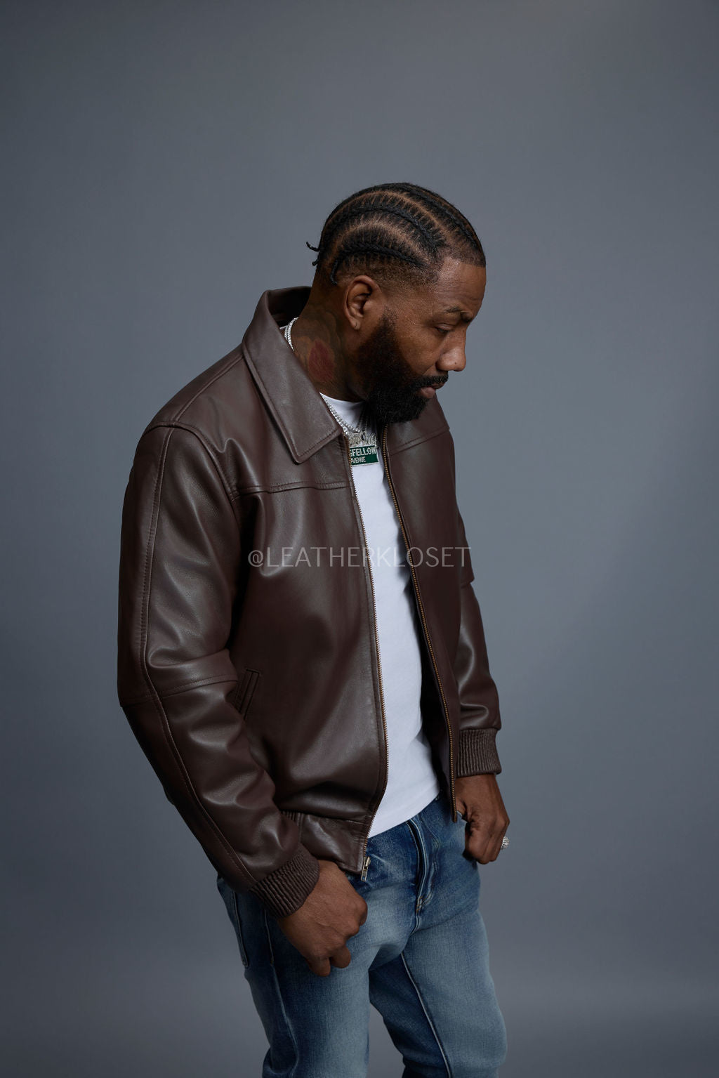 Men's Classic Baseball Leather Jacket With Collar [Chocolate]