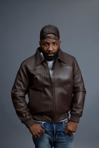 Men's Classic Baseball Leather Jacket With Collar [Chocolate]