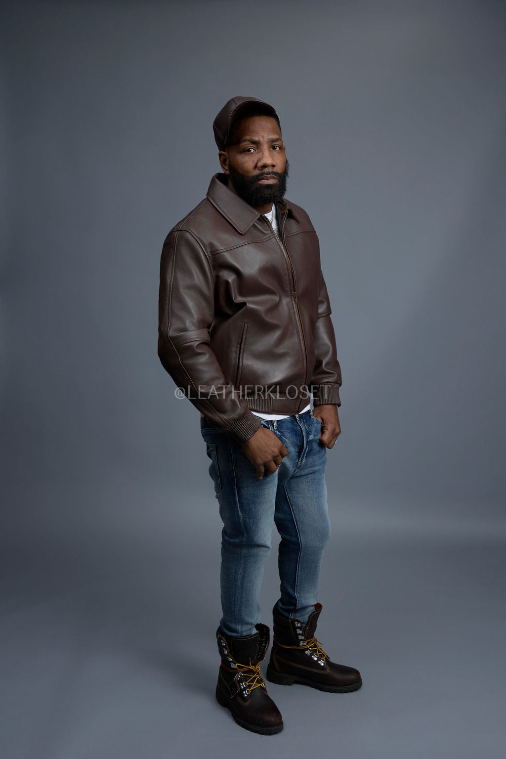 Men's Classic Baseball Leather Jacket With Collar [Chocolate]