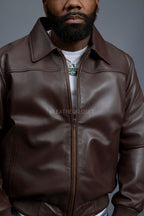 Men's Classic Baseball Leather Jacket With Collar [Chocolate]