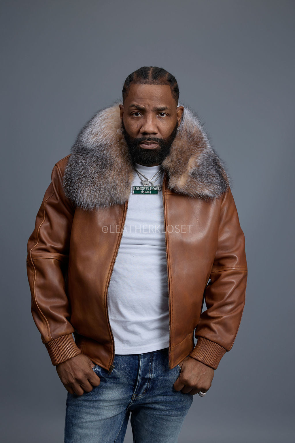 Men's Classic Baseball Leather Jacket With Fox Collar [Caramel Crunch]