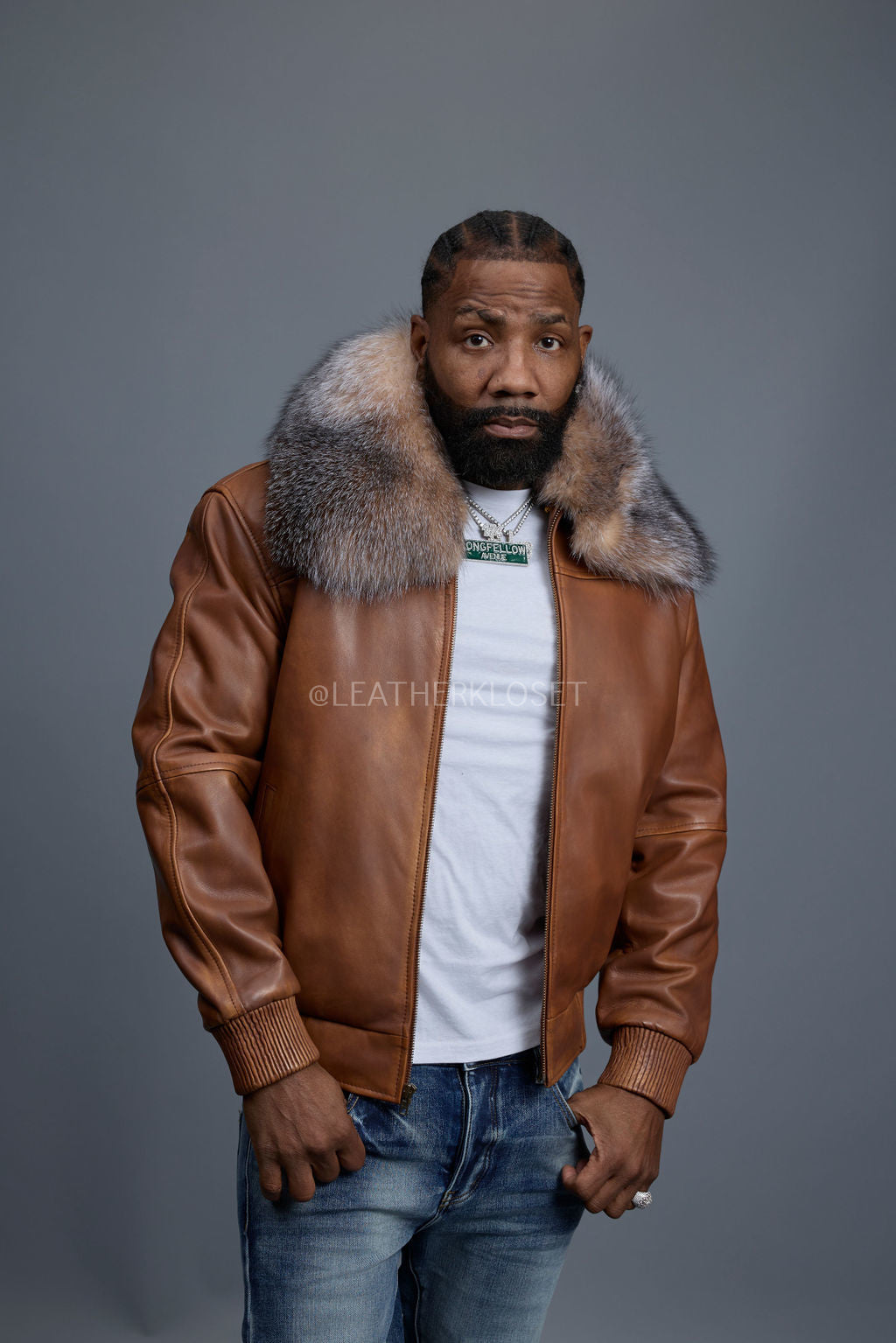Men's Classic Baseball Leather Jacket With Fox Collar [Caramel Crunch]