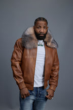 Men's Classic Baseball Leather Jacket With Fox Collar [Caramel Crunch]