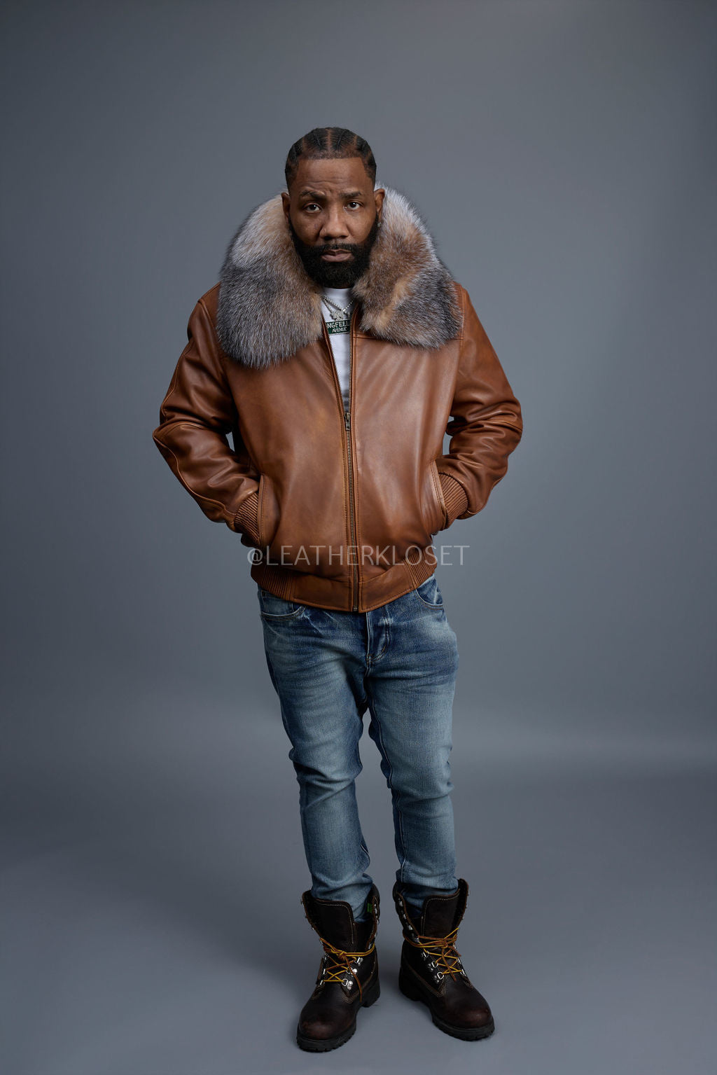 Men's Classic Baseball Leather Jacket With Fox Collar [Caramel Crunch]