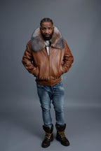 Men's Classic Baseball Leather Jacket With Fox Collar [Caramel Crunch]