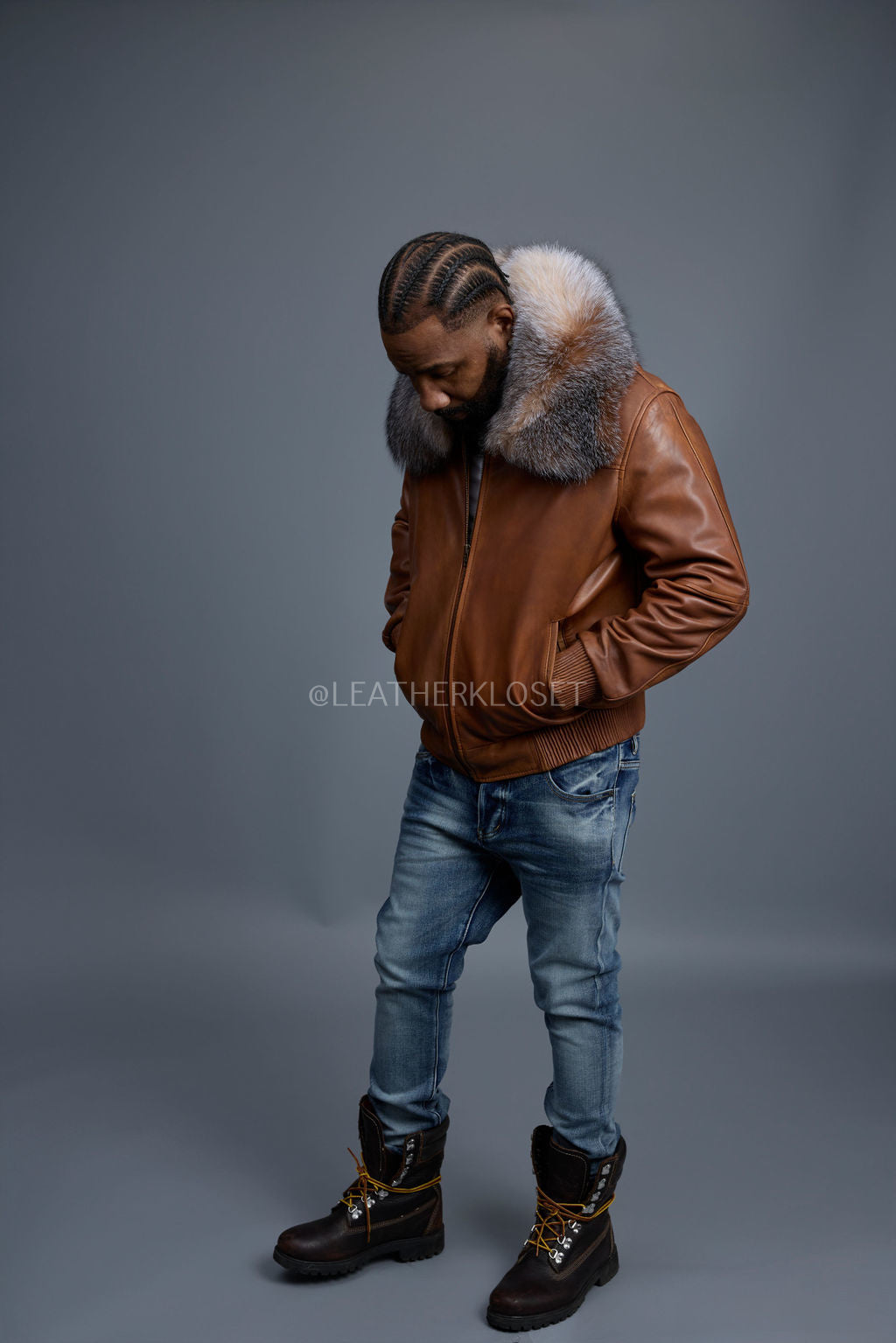 Men's Classic Baseball Leather Jacket With Fox Collar [Caramel Crunch]