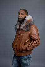Men's Classic Baseball Leather Jacket With Fox Collar [Caramel Crunch]