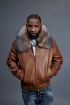Men's Classic Baseball Leather Jacket With Fox Collar [Caramel Crunch]