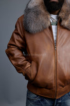 Men's Classic Baseball Leather Jacket With Fox Collar [Caramel Crunch]