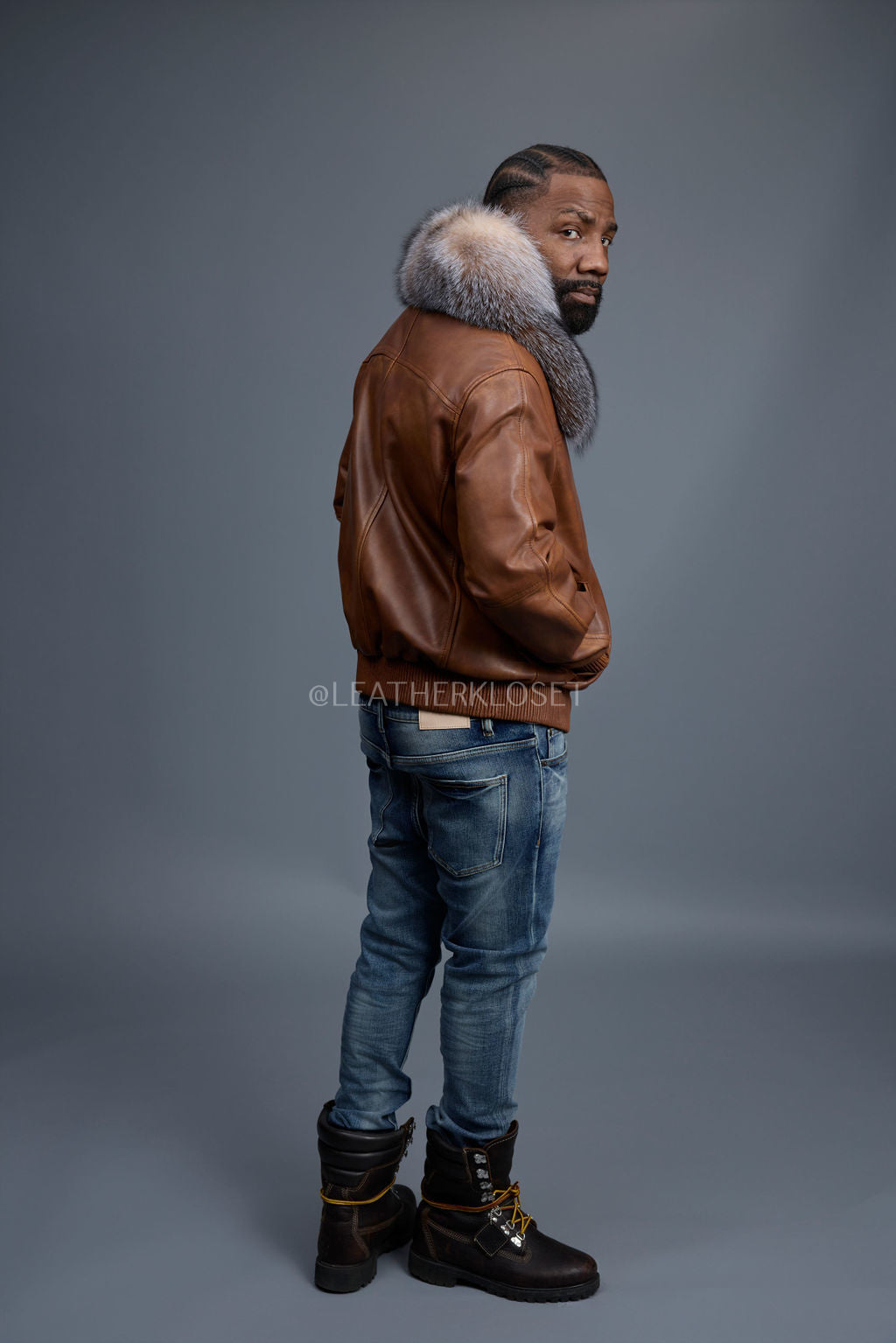 Men's Classic Baseball Leather Jacket With Fox Collar [Caramel Crunch]