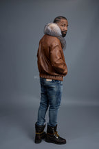 Men's Classic Baseball Leather Jacket With Fox Collar [Caramel Crunch]
