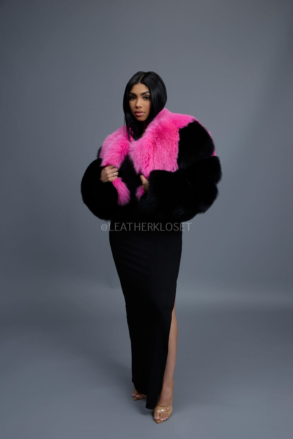 Women's Sasha Crop Fox Bomber [Black/Hot Pink]