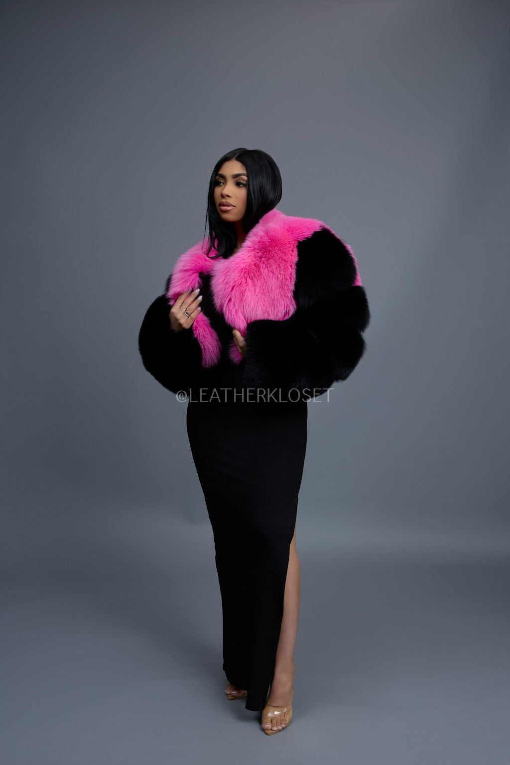 Women's Sasha Crop Fox Bomber [Black/Hot Pink]