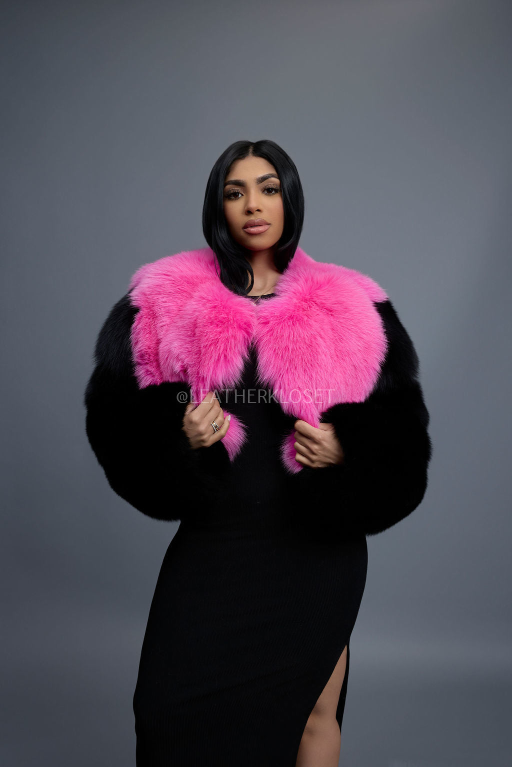Women's Sasha Crop Fox Bomber [Black/Hot Pink]