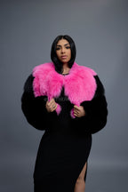 Women's Sasha Crop Fox Bomber [Black/Hot Pink]