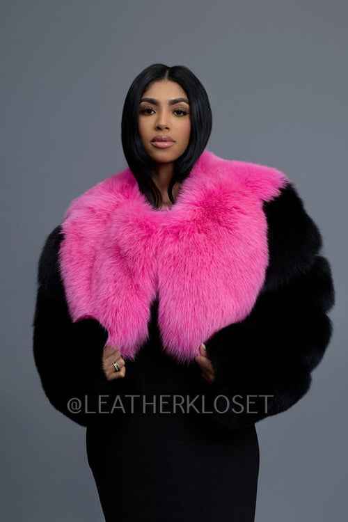 Women's Sasha Crop Fox Bomber [Black/Hot Pink]