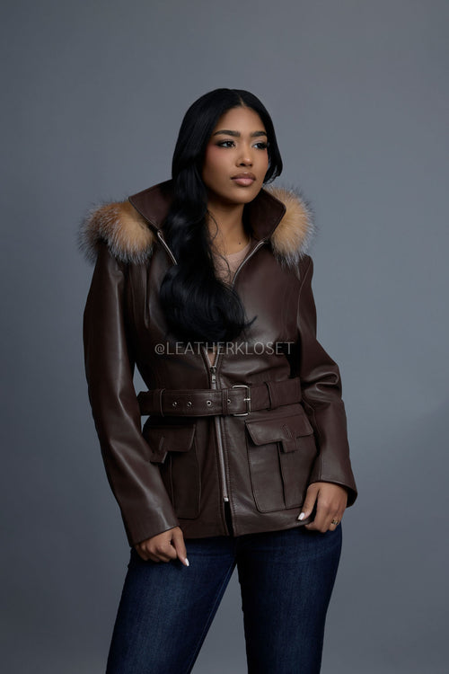 Women's Bella Leather With Fox Hood [Chocolate]