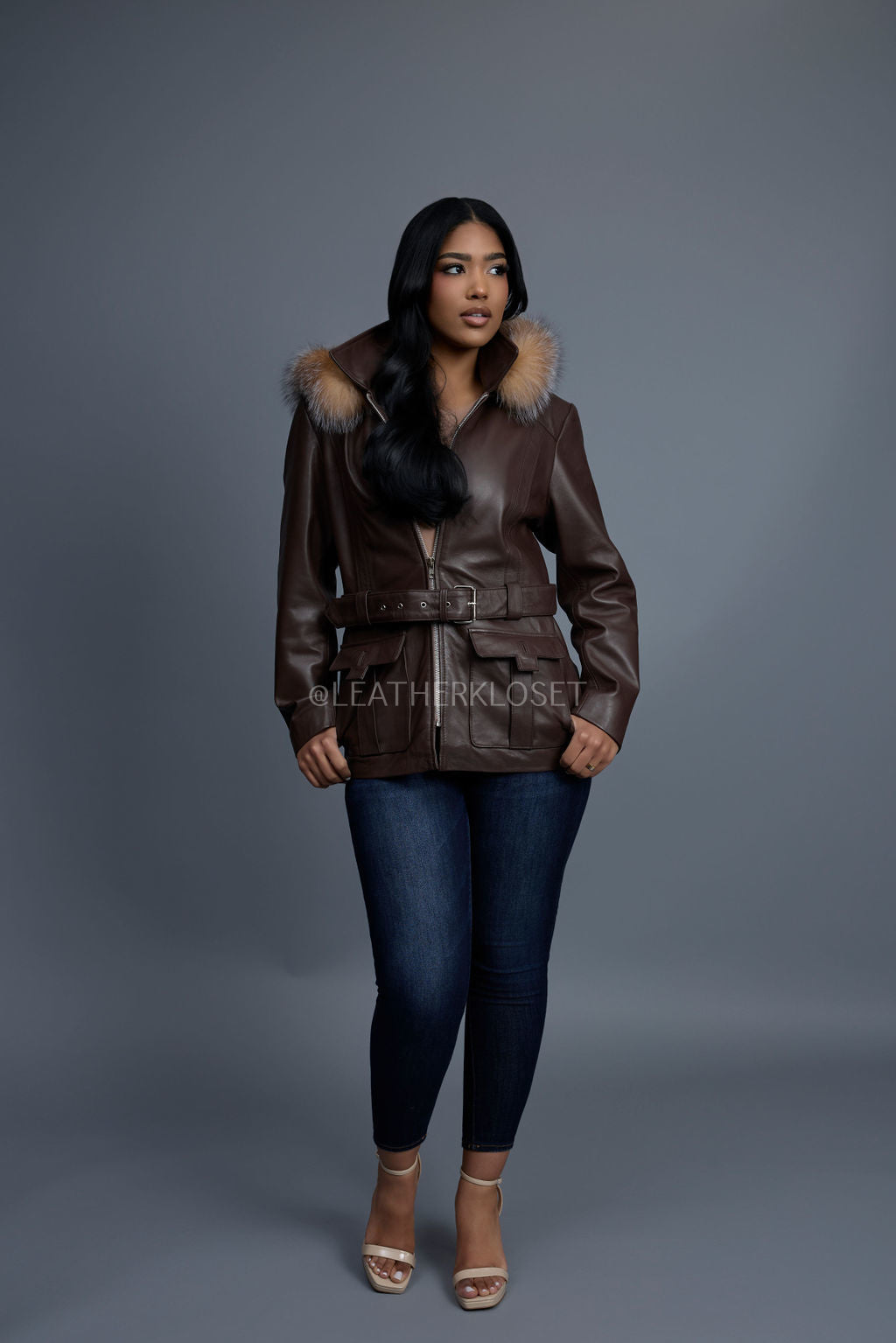 Women's Bella Leather With Fox Hood [Chocolate]