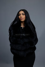 Women's Shorty Fox Fur Vest With Hood [Black]