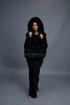 Women's Shorty Fox Fur Vest With Hood [Black]