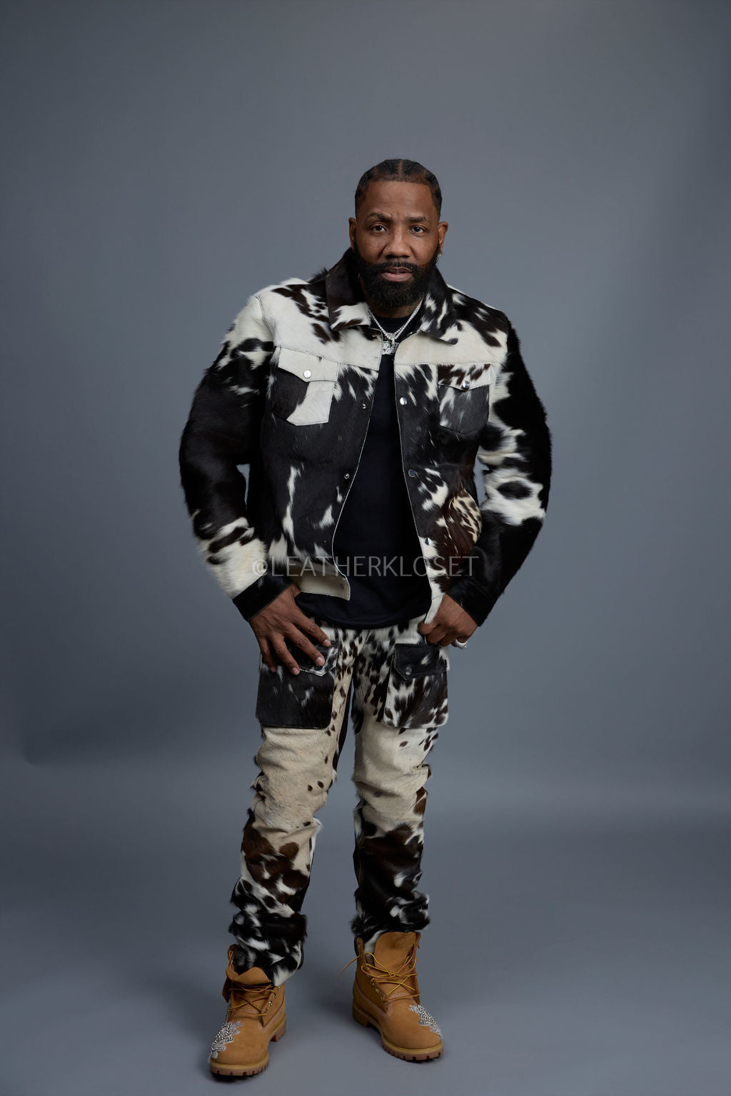 Men's Dylan Pony Skin Jean Jacket And Cargo Pants Set [Natural]