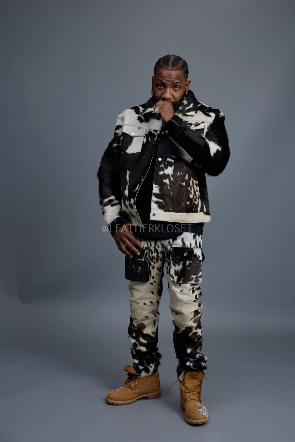 Men's Dylan Pony Skin Jean Jacket And Cargo Pants Set [Natural]