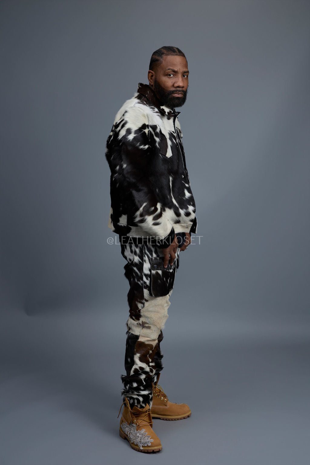 Men's Dylan Pony Skin Jean Jacket And Cargo Pants Set [Natural]