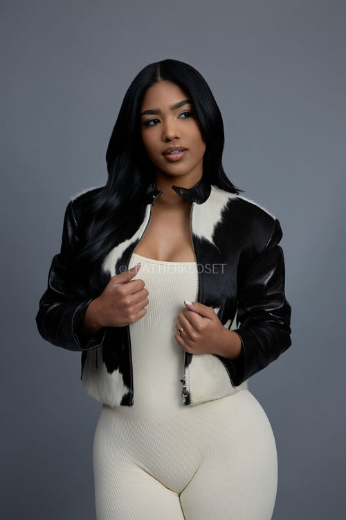 Women's Pony And Leather Biker Jacket [Black]