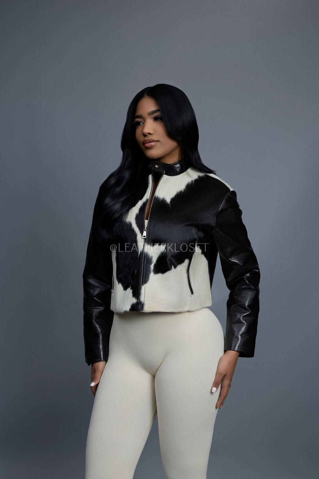 Women's Pony And Leather Biker Jacket [Black]