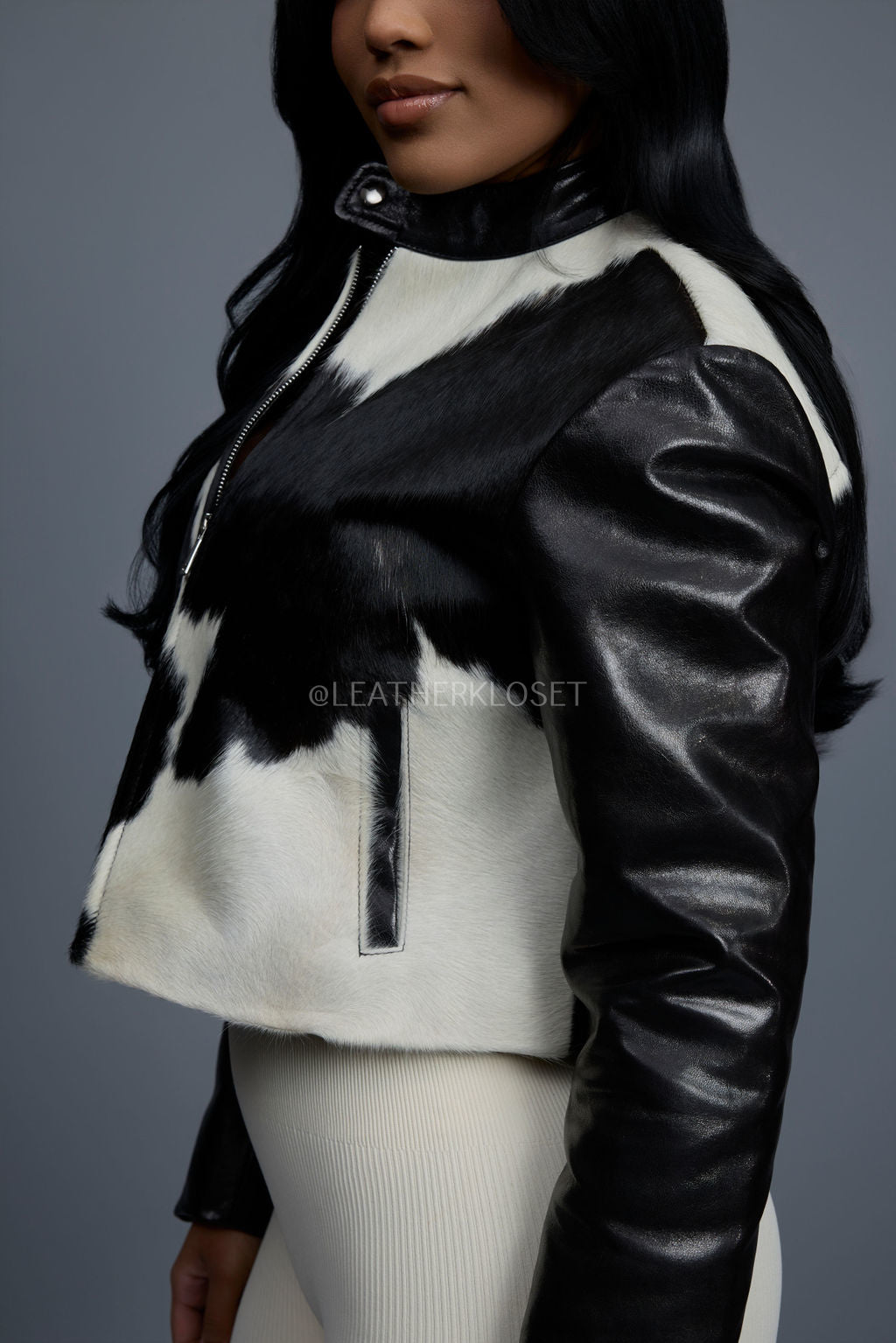 Women's Pony And Leather Biker Jacket [Black]