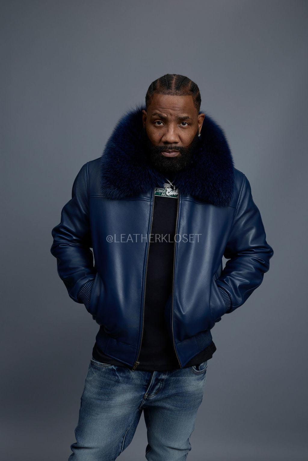 Men's Classic Baseball Leather Jacket With Fox Collar [Navy]