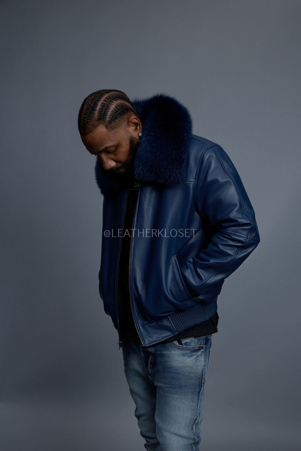 Men's Classic Baseball Leather Jacket With Fox Collar [Navy]