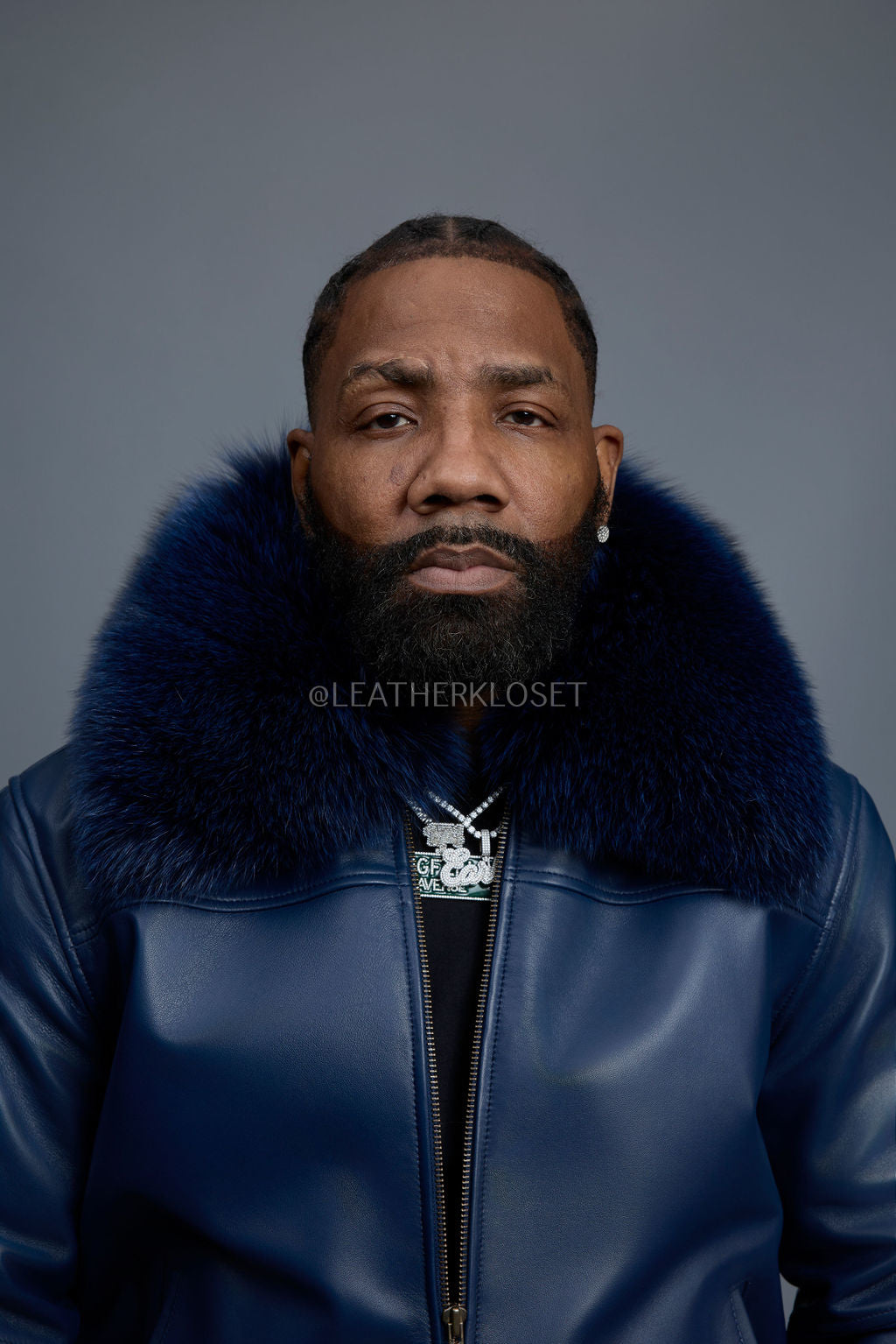 Men's Classic Baseball Leather Jacket With Fox Collar [Navy]
