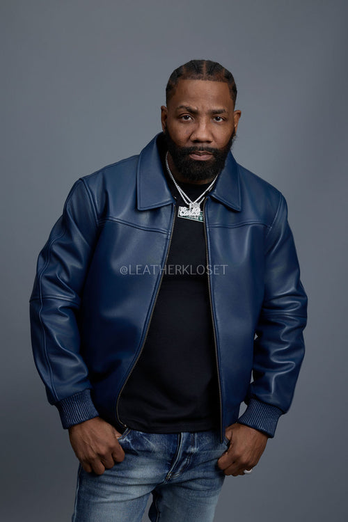 Men's Classic Baseball Leather Jacket With Collar [Navy]