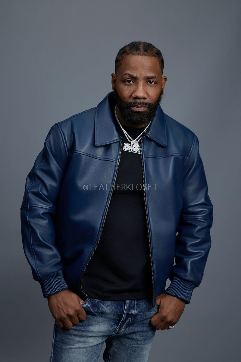 Men's Classic Baseball Leather Jacket With Collar [Navy]