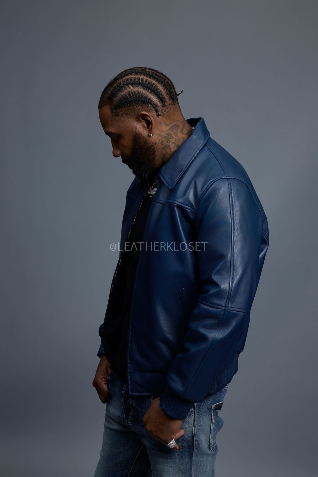Men's Classic Baseball Leather Jacket With Collar [Navy]