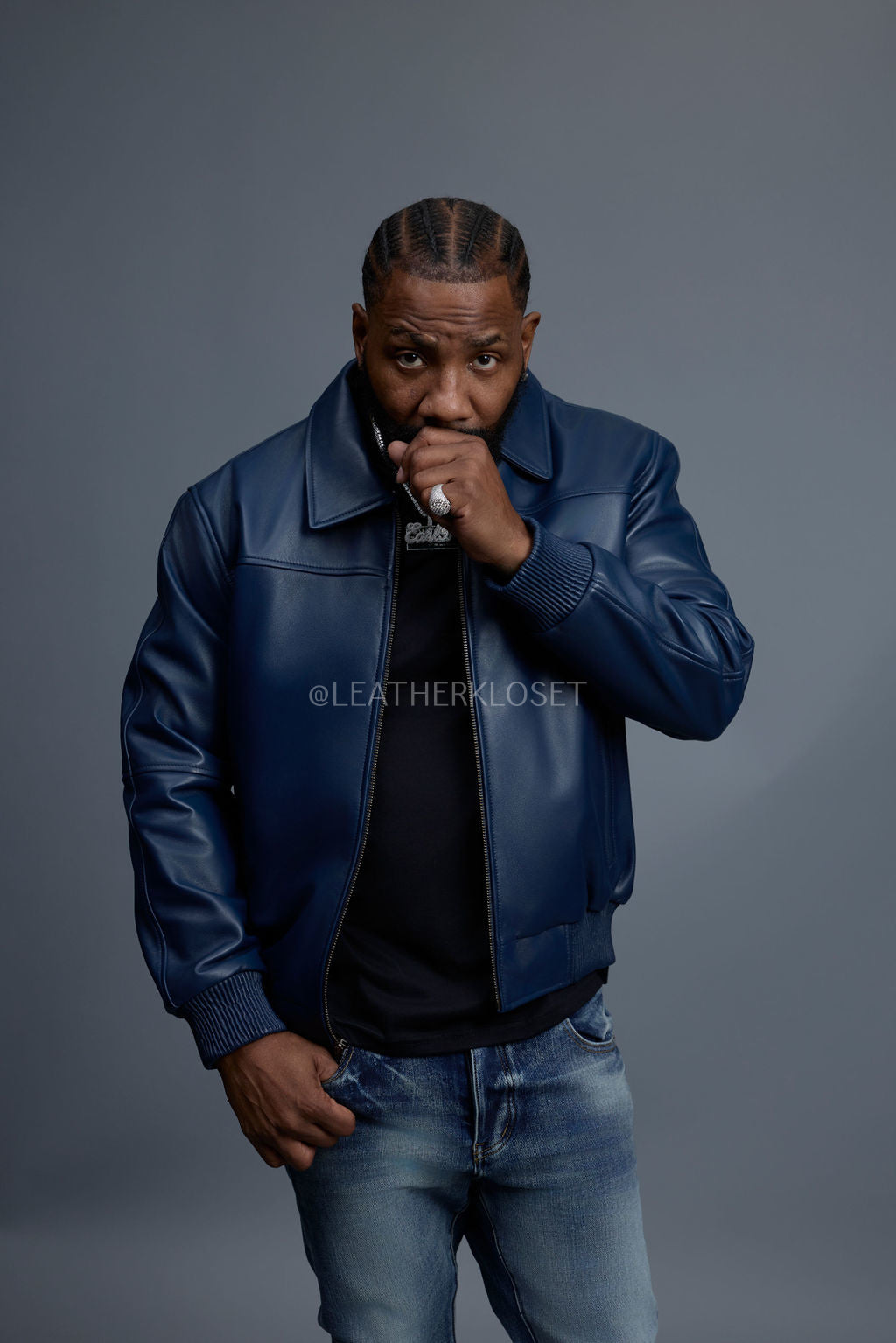 Men's Classic Baseball Leather Jacket With Collar [Navy]