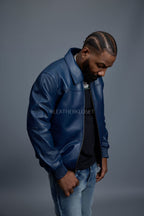 Men's Classic Baseball Leather Jacket With Collar [Navy]