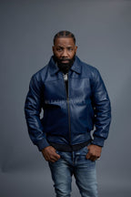 Men's Classic Baseball Leather Jacket With Collar [Navy]