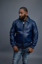 Men's Classic Baseball Leather Jacket With Collar [Navy]