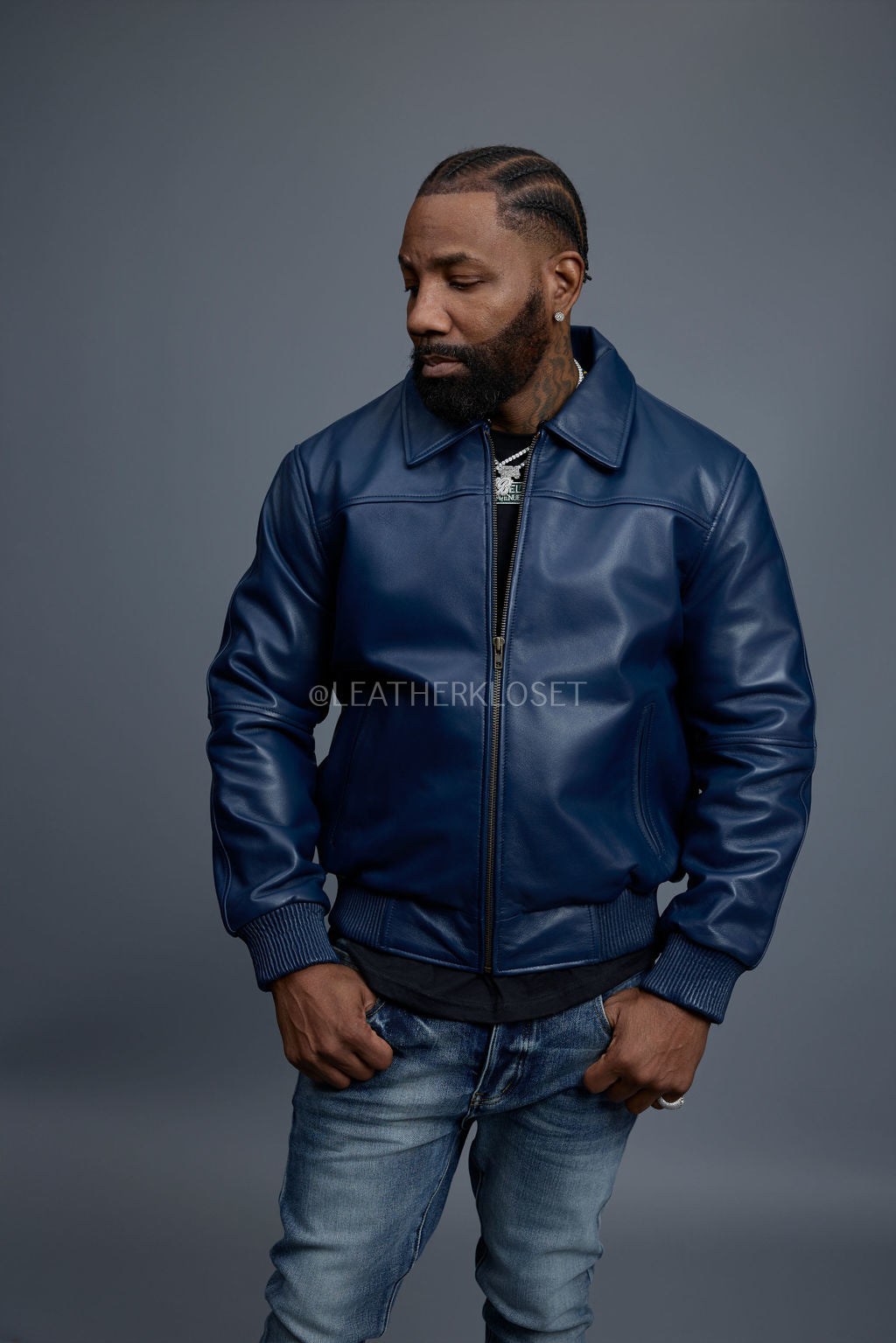 Men's Classic Baseball Leather Jacket With Collar [Navy]