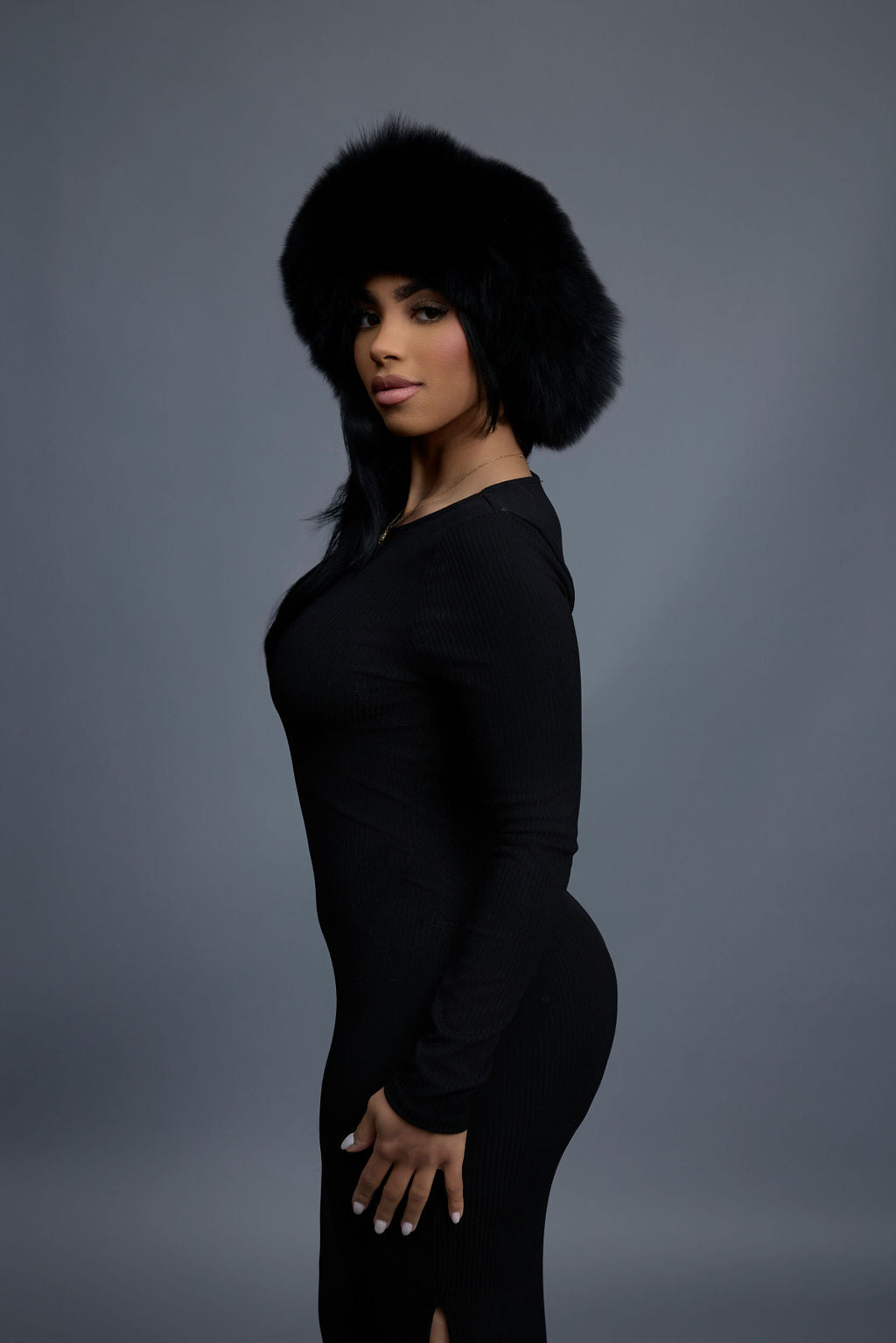 Women's Natalia Leather And Fox Russian Hat [Black/Black]