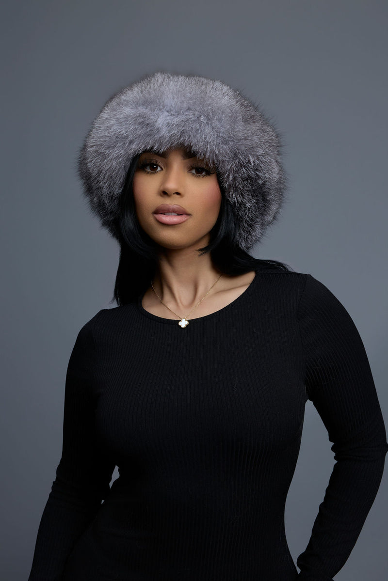 Women's Natalia Leather And Fox Russian Hat [Black/Silver]