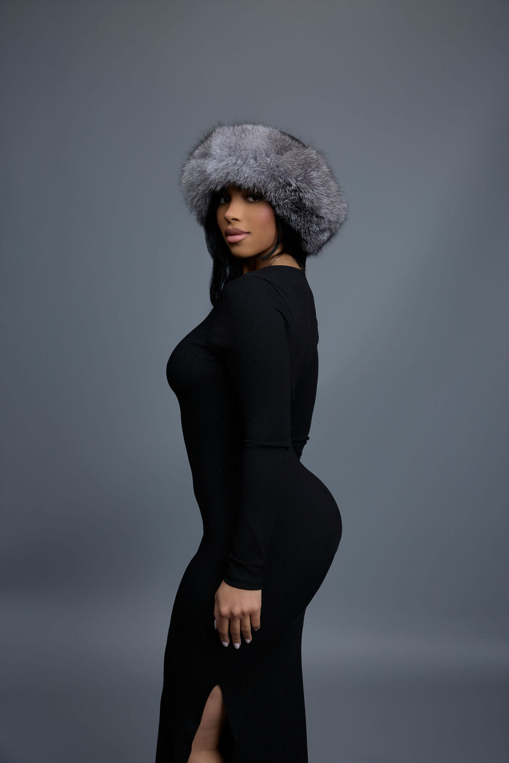 Women's Natalia Leather And Fox Russian Hat [Black/Silver]