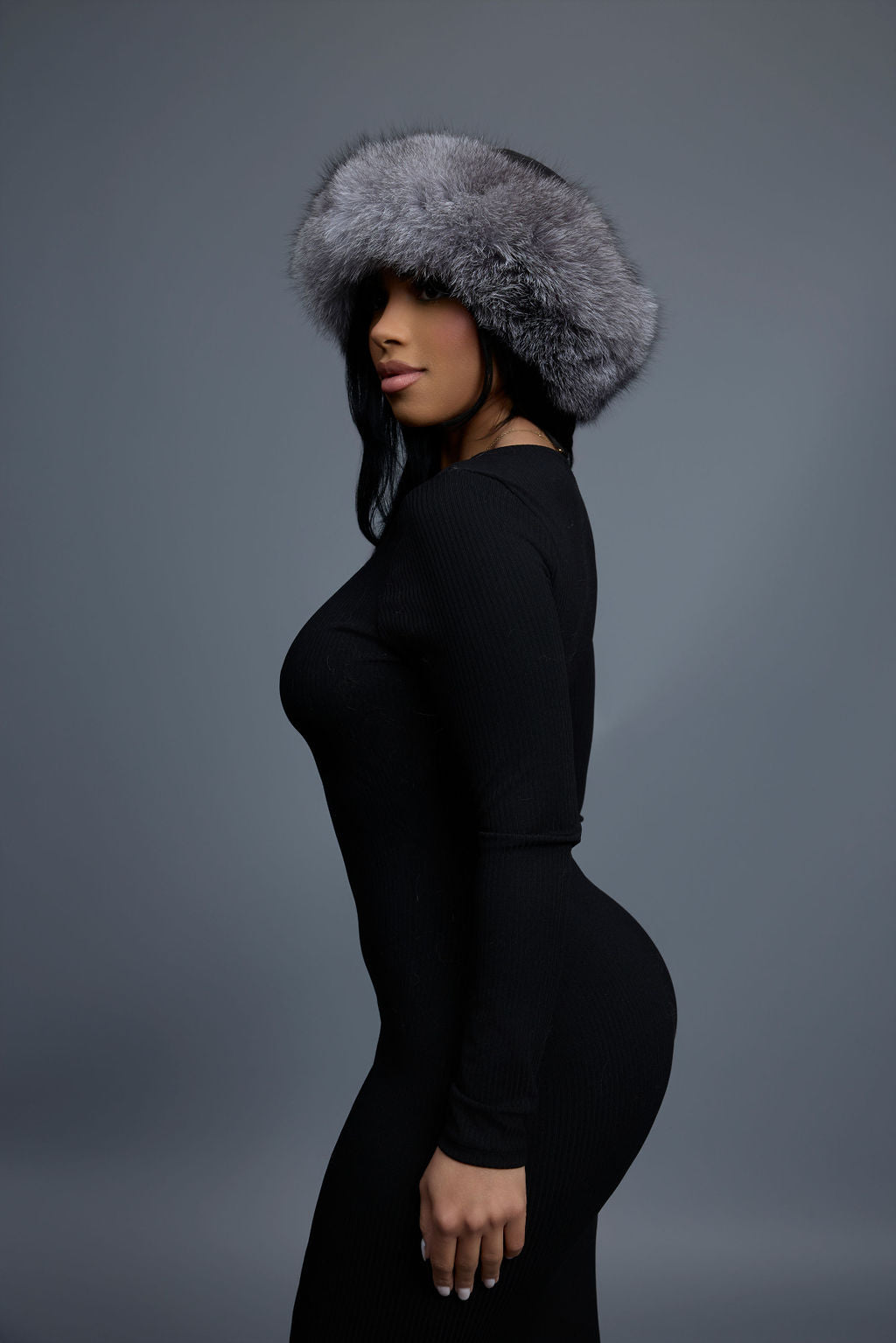 Women's Natalia Leather And Fox Russian Hat [Black/Silver]