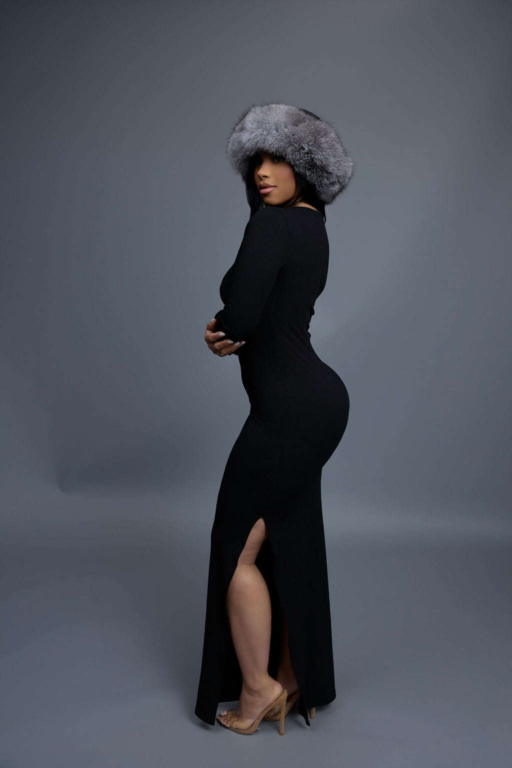 Women's Natalia Leather And Fox Russian Hat [Black/Silver]