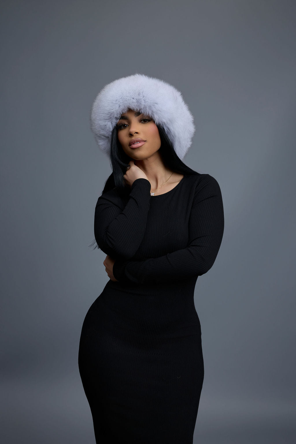 Women's Natalia Leather And Fox Russian Hat [Black/White]