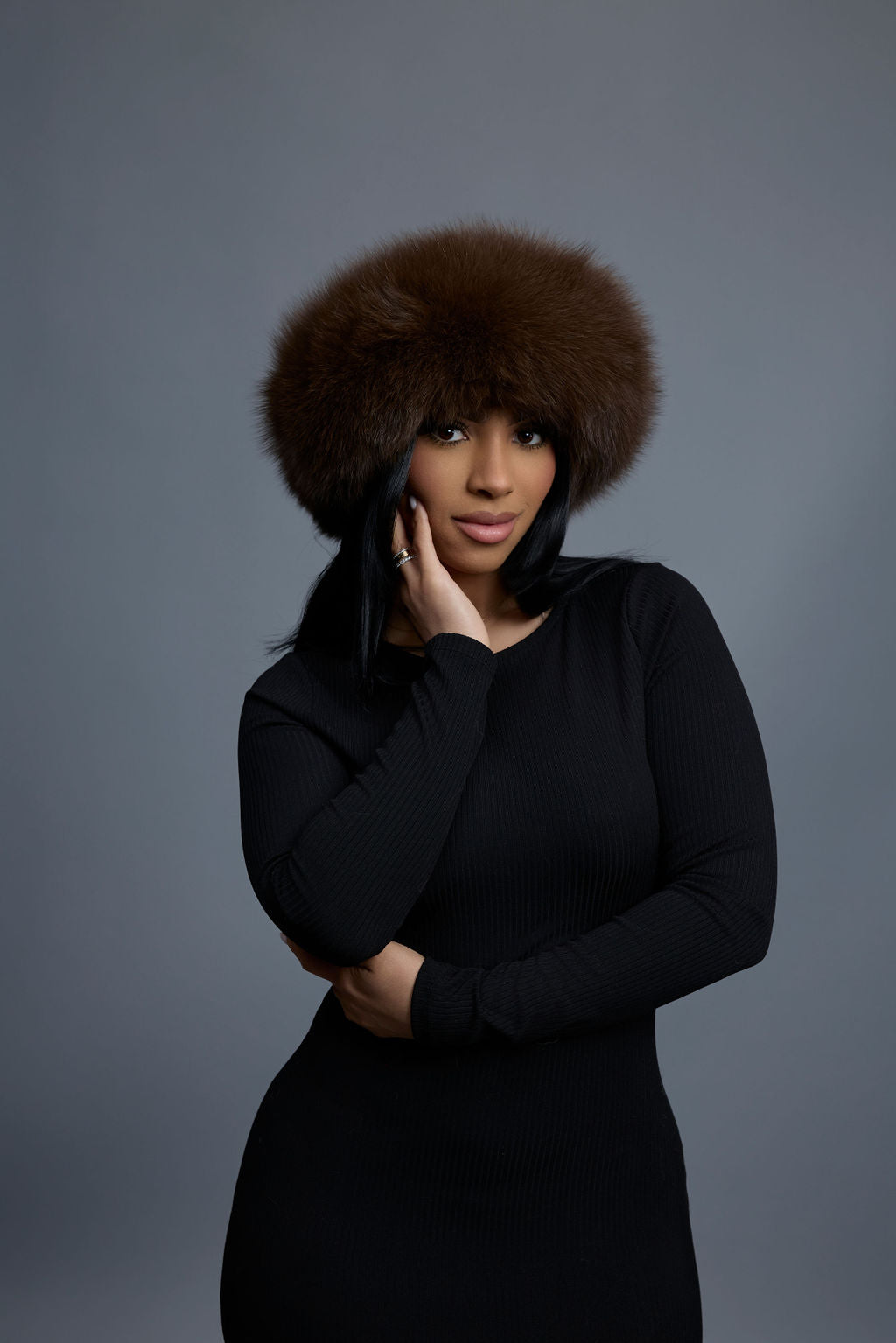 Women's Natalia Leather And Fox Russian Hat [Chocolate]