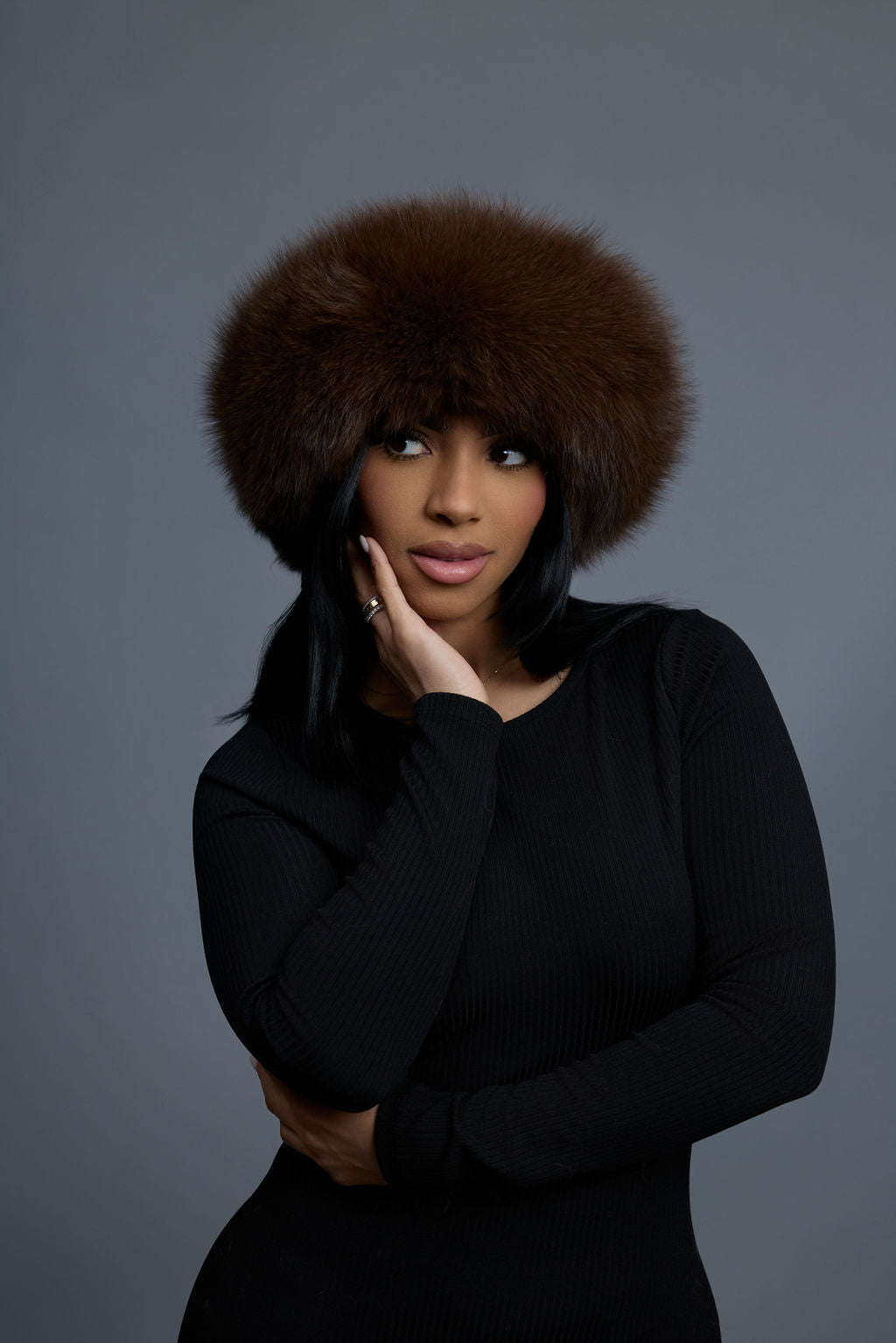 Women's Natalia Leather And Fox Russian Hat [Chocolate]